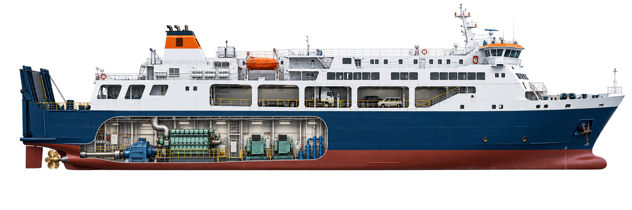 Visual kapal ferry Ro-Ro berlatar transparan dengan main engine di ruang mesin buritan, generator bantu di depan mesin utama, serta gearbox, poros, stern tube, propeler, dan rudder tersusun segaris